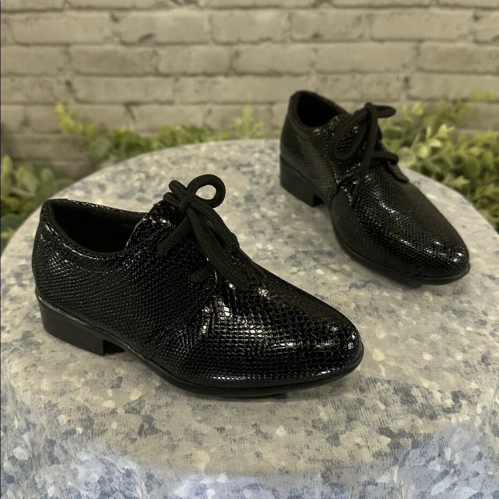 Glossy Black Reptile-Textured Almond Toe Dress Oxfords Toddler Boys 5.5🖤NWOT